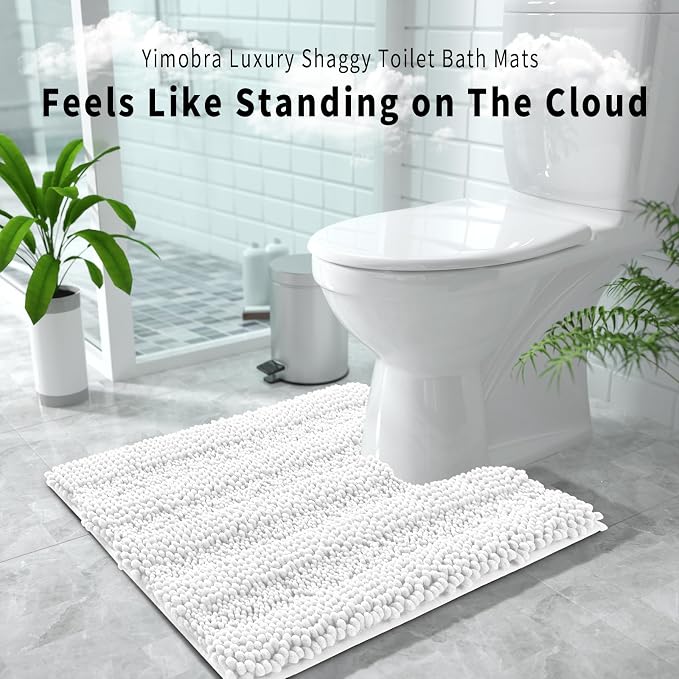 Yimobra Toilet Rugs U Shaped Washable 24 x 20, Non Slip and Super Absorbent Toilet Mat, Quick Dry, Ultra Luxury Microfiber Chenille Plush Fluffy Contour Bath Rugs for Toilet Base, White