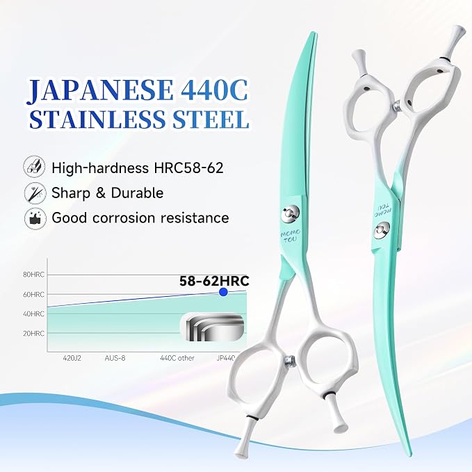 7'' Curved Dog Grooming Scissors Green to White Gradient | 440C Stainless Steel, Sharp Durable, Professional or Home Use, Ergonomic Handle with 2 Silicone Finger Rings