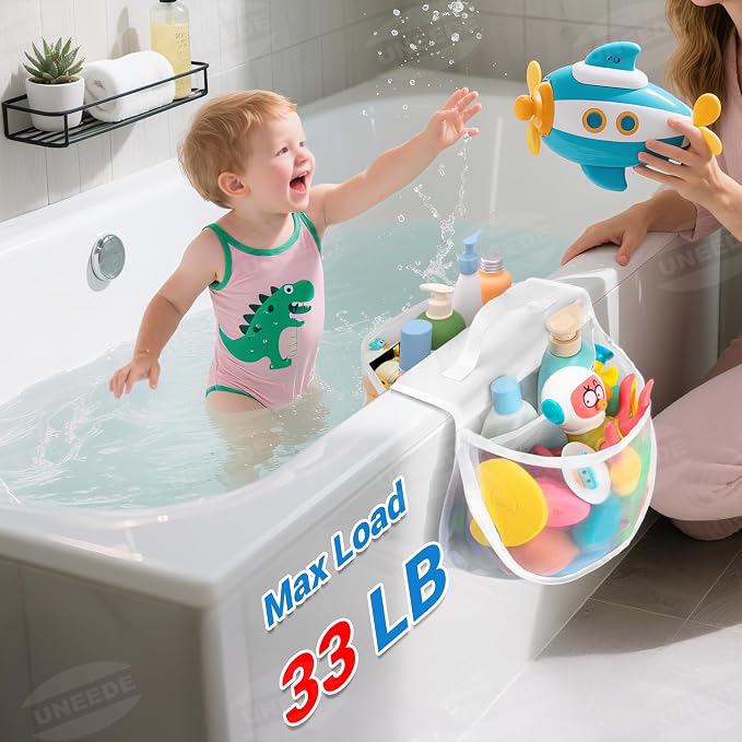UNEEDE 2-Compartment Mesh Bath Toy Organizer, Easy Access for Children & Parents, Durable 2-Pocket Bath Toys Storage Without Suction Cups,Quick Dry Shower Storage Net to Declutter Bath Time Mess