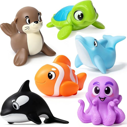 Mold Free Bath Toys - 6 Pcs Ocean Baby Bath Toys for Kids Ages 1-3, No Hole Design Keeps Moisture Out, Toddlers Learn Sea Animals with Bathtub Soft Squeeze Toys, Pool Toy