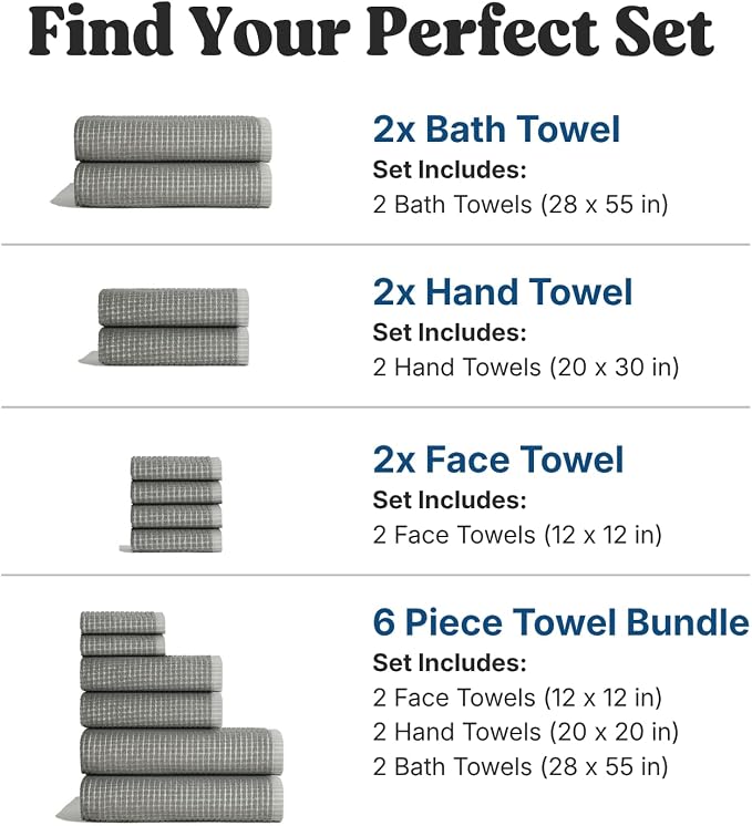 ONSEN Sculpted Terry Face Towels, 100% American Cotton, Quick Dry Lint Free, Lightweight Absorbent Face Towel Set, 12x12 in (Grey Fog, 4X Face Towel)