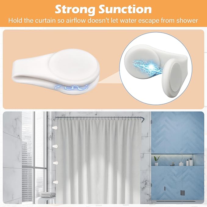 Magnetic Silicone Shower Curtain Clips for Liner – Self-Adhesive Splash Guard, Strong Magnet Keep Curtain Closed to Wall, No-Drill Renter Friendly, Works for PEVA/Fabric/PVC – 4 Pack White