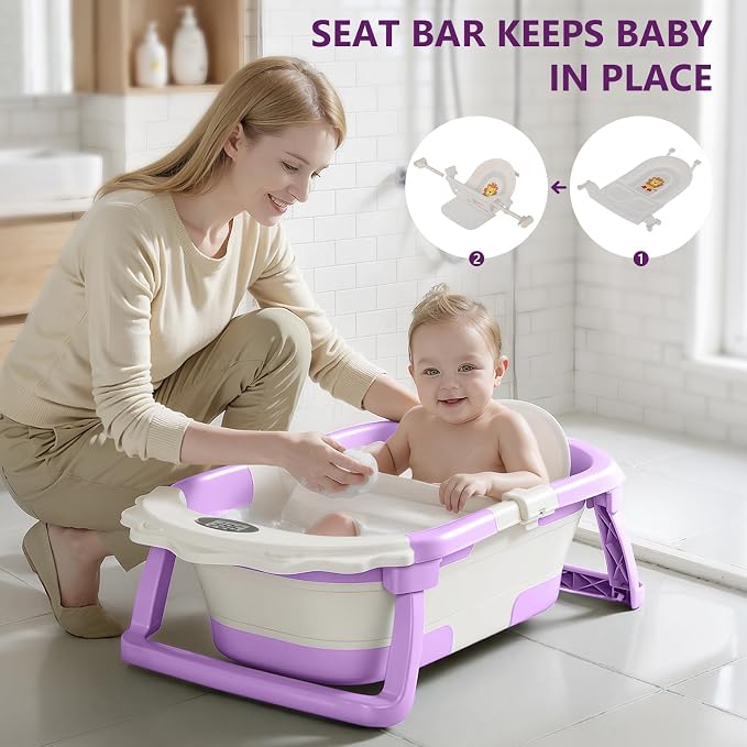 MoreFeel Foldable Baby Bathtub with Thermometer - 4-in-1 Grow-with-Me Collapsible Infant Tub (Newborn to Toddler) with Adjustable Mesh Sling - Space Saving Design