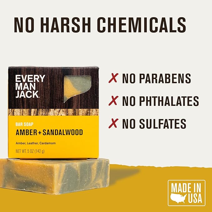 Every Man Jack Cold Processed Mens Bar Soap - Subtle Amber + Sandalwood Scent - Deeply Cleans & Hydrates w/Naturally Derived Ingredients - (3 Pack)