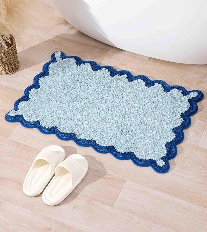 ORTIGIA Small Blue Scalloped Bath Mat, Cute Plush Microfiber Scallop Bathroom Rugs Non Slip Washable Quick Dry Absorbent, Bathmat Carpet for Shower Stall Vanities Kitchen Floor Entrance, 17x24