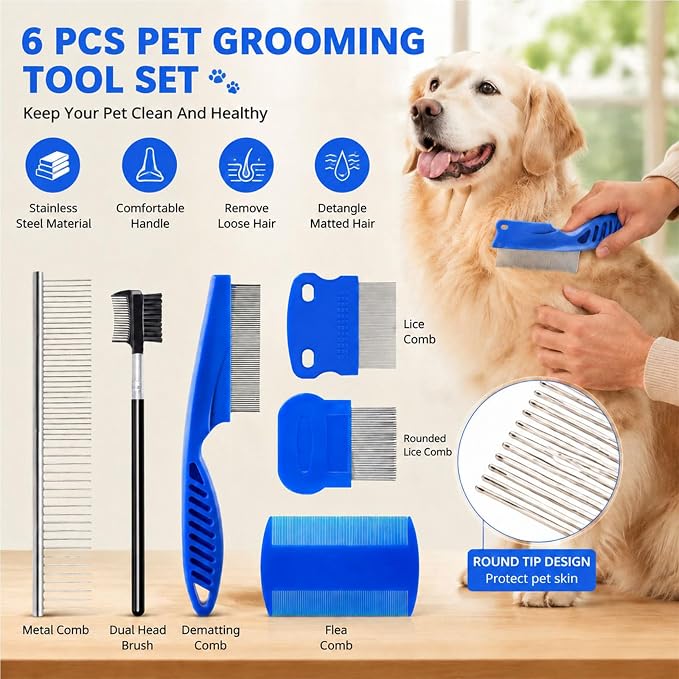 6 Pcs Flea Lice Comb for Cats Dogs, Blue | Stainless Steel, Rounded Teeth, Tear Stain Remover, Dematting Brush, Professional Pet Grooming Kit