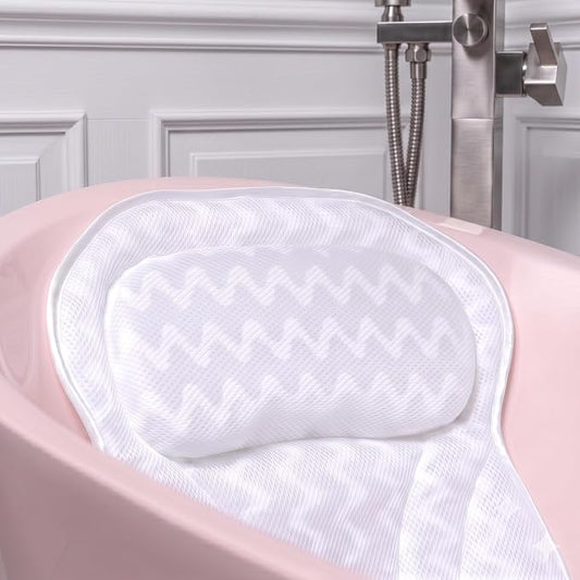 Bath Pillow Bathtub Pillow Back Neck Support Pillow, Spa Cushion for Tub, Relaxing Headrest Bath Pillow, Portable Washable Bathtub Accessories with 3D Air Mesh Thick Soft Cushion (Bright White)