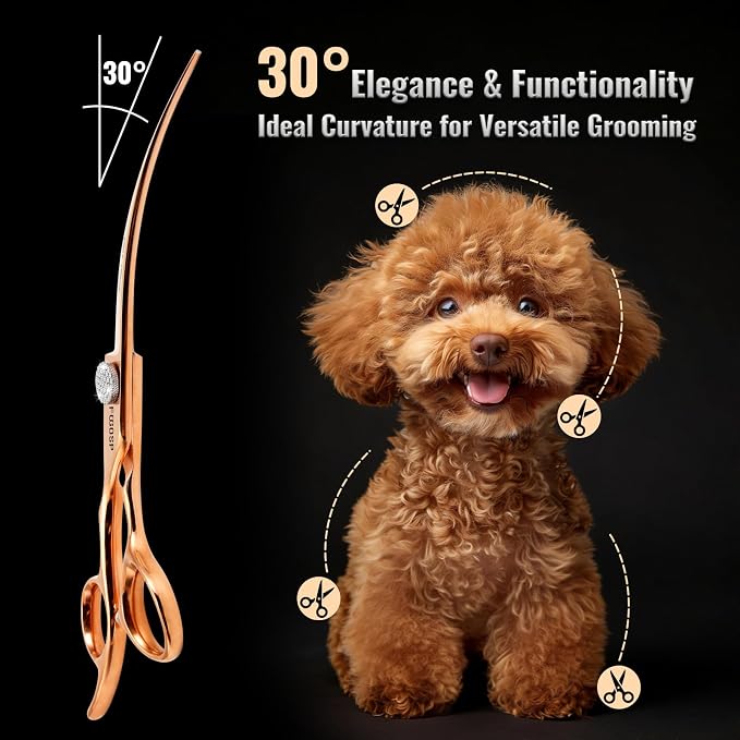Professional Left Handed Curved Dog Grooming Scissors 7'' Downward 30° Rose Gold Titanium Japan 440C Pet Grooming Trimming Shears for Large Dog Poodle(7,Curved)
