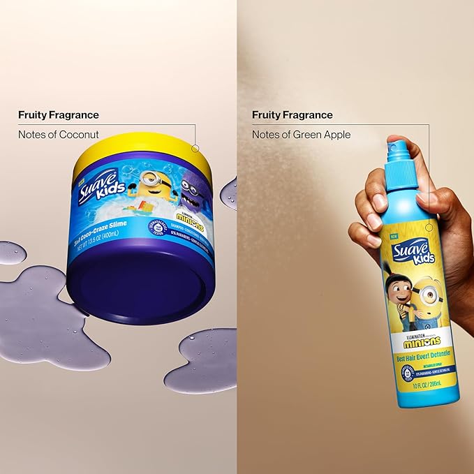 Suave Kids Minions Hair Products Bundle – 3-in-1 Coco-Craze Slime & Fun Fresh Shampoo, Conditioner & Body Wash + Detangler Spray, 28 Oz Ea (3 Piece Set)