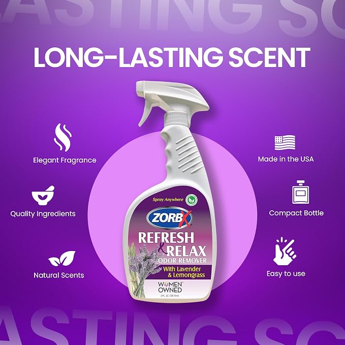 ZORBX Lavender & Lemongrass Spray, 24 Oz - All-Purpose Deodorizer, Refreshes Fabric, Removes Strong Odors, Perfect for Home, Car, Gym, Laundry | All-Purpose Air Freshener & Fabric Deodorizer Spray for Home, Car, Gym, Laundry, Shoes & Carpet Deodorizing