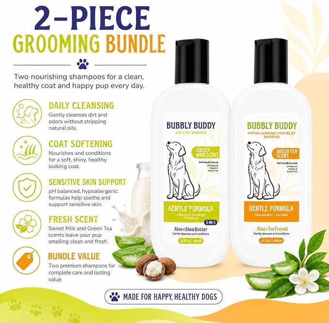 Dog Shampoo 2-Pack, 3-in-1 Sweet Milk Scent Dog Shampoo 15.5 fl oz + Hypoallergenic Itch Relief Shampoo 15.5 fl oz Green Tea Scent, Sensitive Skin & Soft Coat Care