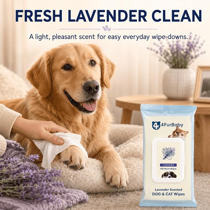 Dog Grooming Wipes for Paws and Butt, Lavender,100 Count | 8" x 8" hypoallergenic wipes with hydrating formula for cleaning, deodorizing, and daily pet grooming