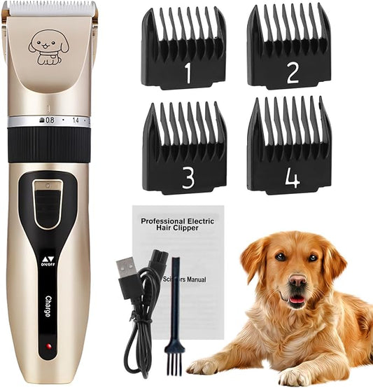 Dog Grooming Clippers, Cordless Electric Pet Shaver Hair Trimmer with 4 Guard Combs, USB Rechargeable Low Noise Cat Dog Clippers for Dogs Cats Pets Grooming Tool