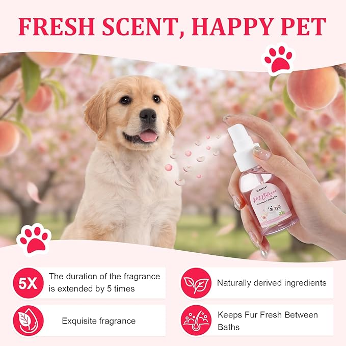 Premium Dog Cologne, Deodorant Perfume for Dogs and Cats, and Coat Spray, Long-lasting White Peach Oolong Scent, Keeps Dogs Fresh All Day, Suitable for Use Between Baths, 2.37 fl oz