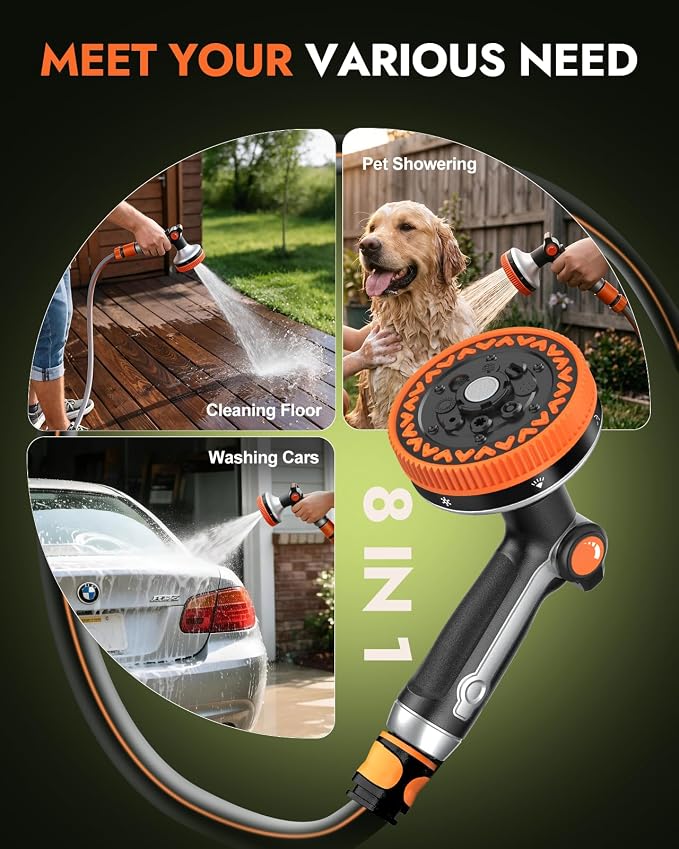 Insoma Full Metal Garden Hose Nozzle, Heavy Duty Water Hose Sprayer 8 Spray Patterns with Thumb Flow Control, Ergonomic Grip, Gentle Mist for Plants, Water-Saving, for Watering, Washing & Pets