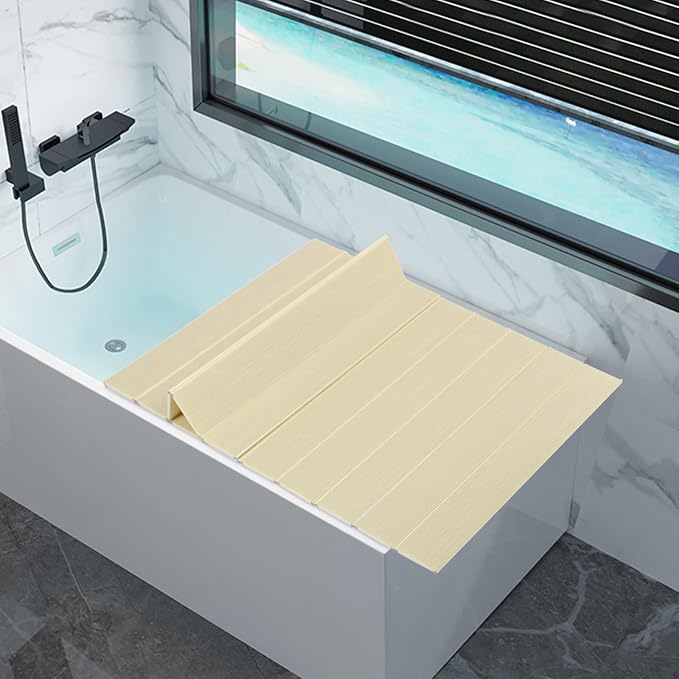 59x27.5in Bathtub Tray, Foldable Bathtub Cover Bath Insulation Cover, PVC Dustproof Shutter Bath Lid Cover Fit Most Tubs, Can Hold Wine Glass, Books, Tablets, Cellphones,Wood Grain