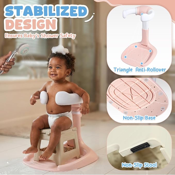 Orzbow Baby Shower Stand, Collapsible Baby Bath Stand with Foldable Chair, Adjustable Height Toddler Shower Standing Support for Infant 6-36 Months, Anti-Slip Base, Easy-Use, Pink