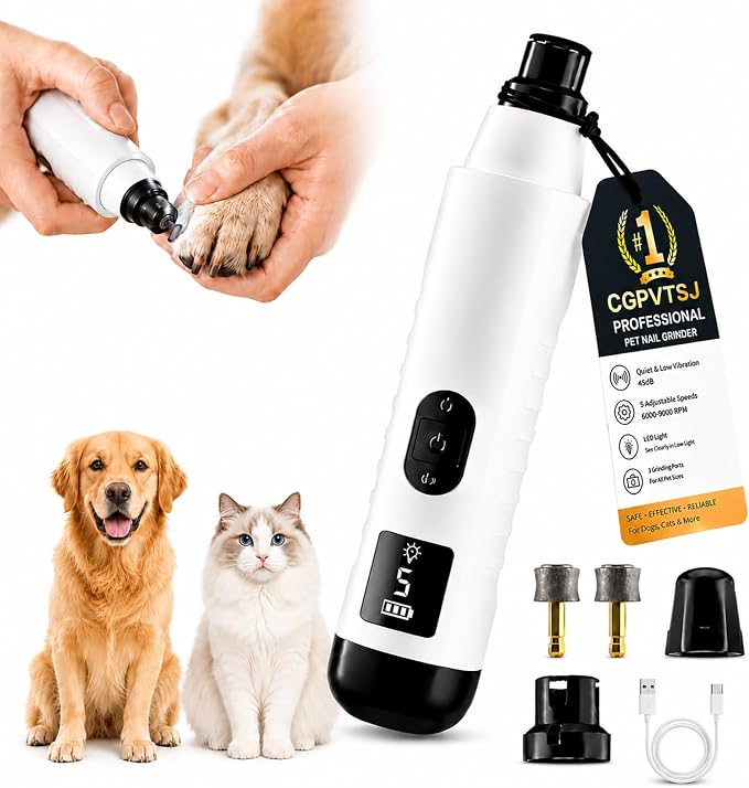 Silent Pro Nail Grinder for Dog Quiet Trimmers File 5 Speed Pet Clippers to Cats Grooming Tool Toenail Cutter Electric Whisper Puppy Guard Light Supplies Helper with 2 Sanding Pads Accessories
