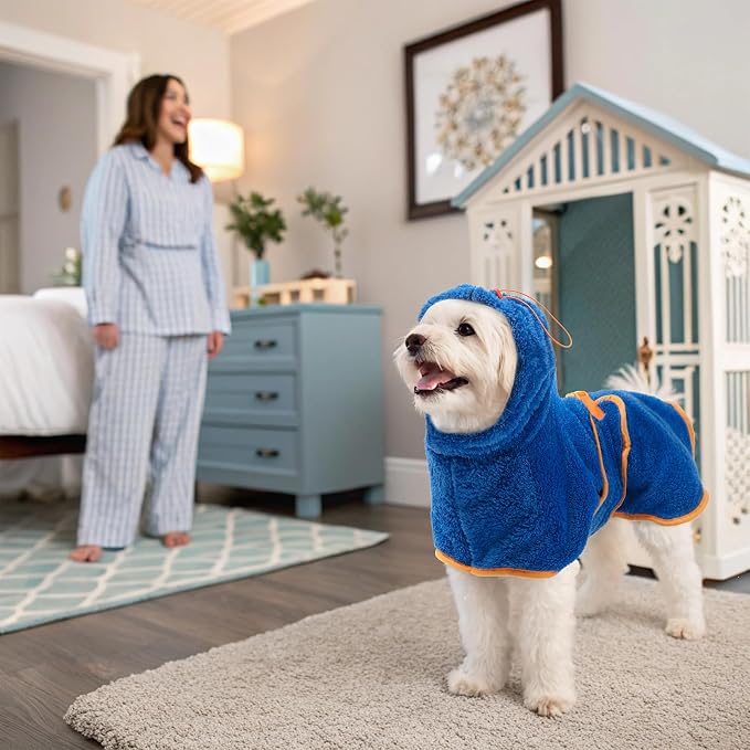 EXPAWLORER Soft Dog Bathrobe with Hood, Super Absorbent & Quick-Drying Dog Towels, Cozy Drying Coat for After Bath,Swimming, Blue M