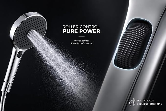 Handheld Shower Head with Scroll Wheel Flow Control, 4 Spray Settings with Built-in Continuous Power Wash, High Pressure Showerhead for Adults, Babies & Pets, Chrome (silver) (silver)