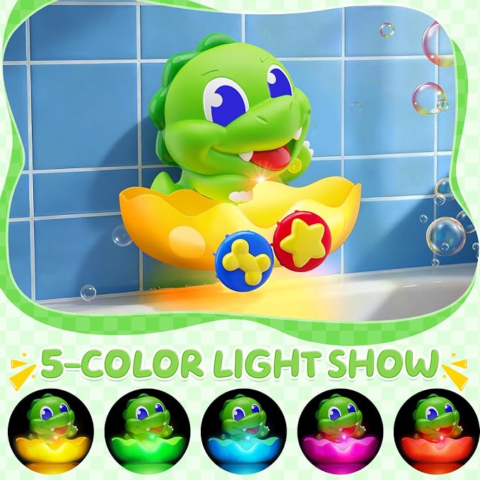 Dinosaur Baby Bath Toys for 1 2 3 Year Old Boys, Dino Bath Bubble Machine with Rainbow Lights & Water Scoop,Fun Toddler Toys Baby Shower Bathtub Toys Birthday Gifts for Kids Age 1-3 Year Old