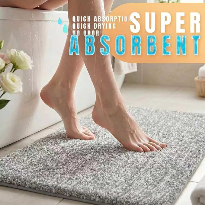 Yimobra Cushioned Anti-Fatigue Bathroom Rug, Bath Mat Non Slip Washable, Dense Soft Microfiber for Bathroom Sink, Shower, Tired Feet Comfort, Absorbent, 32" X 20", Grey and White
