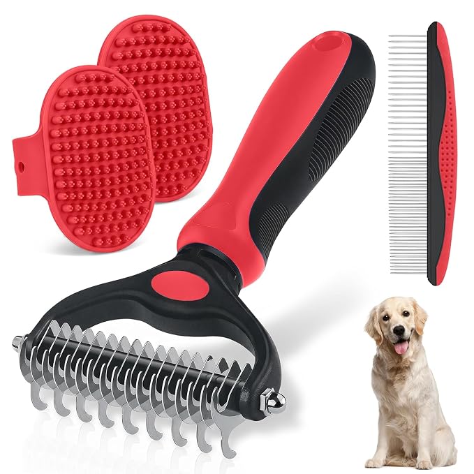 Double-Sided Pet Grooming Rake - 4-in-1 Professional Pet Grooming Kit Deshedding Dematting Tool for Dogs Cats Extra-Wide Grooming Brush & Deshedder Comb for Long & Short Haired Pets (Red Kit 4PCS)