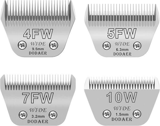 4 Pack Dog Grooming Blades-Compatible with Most Andis,Oster A5,Wahl km10 Clippers | Size 10W+7FW+5FW+4FW Dog Grooming Wide Blade,Cutting length 1/16 In -3/8 In（1.5mm-9.5mm）