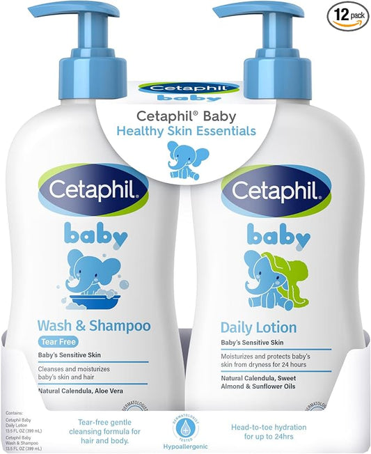 Cetaphil Baby Wash & Shampoo Plus Body Lotion, Healthy Skin Essentials, Head to Toe Hydration for up to 24 Hours, for Delicate, Sensitive Skin, White (Pack of 12)