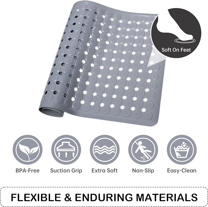Non-Slip Bathtub and Shower Mats, Power Grip Bath Mat 35 x 16.3 Inch with Suction Cups and Drain Holes for Tub Bathroom Floor Safety, Machine Washable Soft Bathmat, Gray