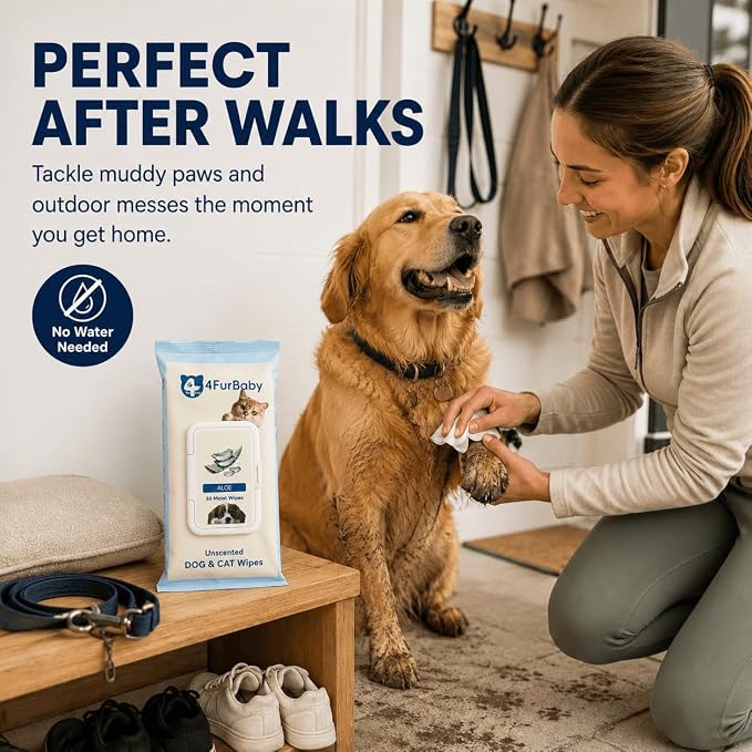 Dog Wipes for Paws and Butt, Unscented, 30 Count | 8" x 8" hypoallergenic and hydrating pet grooming wipes for dogs, cats, and daily care