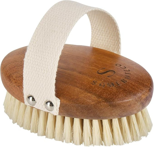 SAMEBUTECOBody Brush Solid Acacia Wood Boar Long Bristles Bath Brush for Skin Exfoliation,Lymphatic Drainage Improvement Oval Shape Dry Brush Comfort to Hold Works
