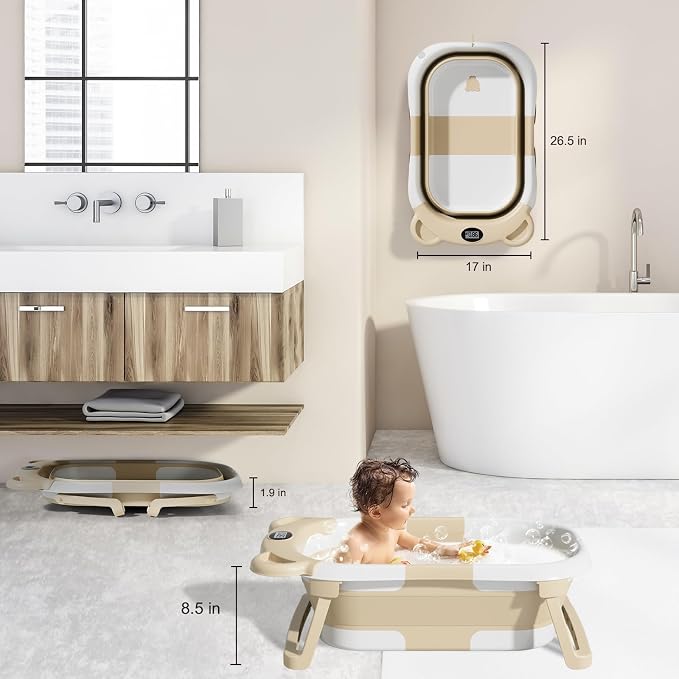 TPN Collapsible Baby Bathtub, Baby Bath Tub with Soft Cushion & Real-Time Thermometer, Baby Bathtub Infant to Toddler Tub (0-36 Months), Portable Newborn Travel Bath Tub