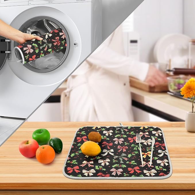 Christmas Bow Berries Dish Drying Mat, Absorbent Drainer Mats for Kitchen Counter Coffee Maker 24"x18"