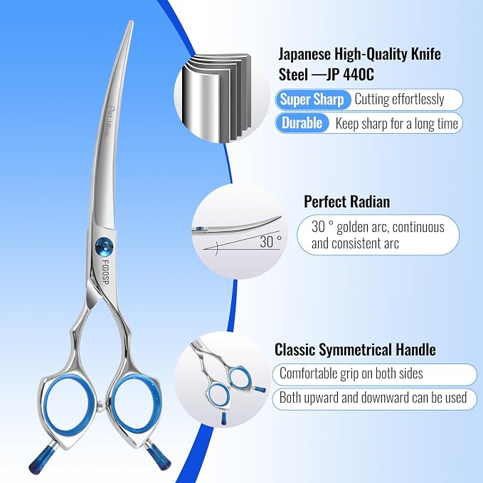 Curved Dog Grooming Scissors 7 in Curve Shears for Pet Dogs Cat Japan 440C 30°Arc Upward & Downward for Trimming Face and Paws(7, Curved)
