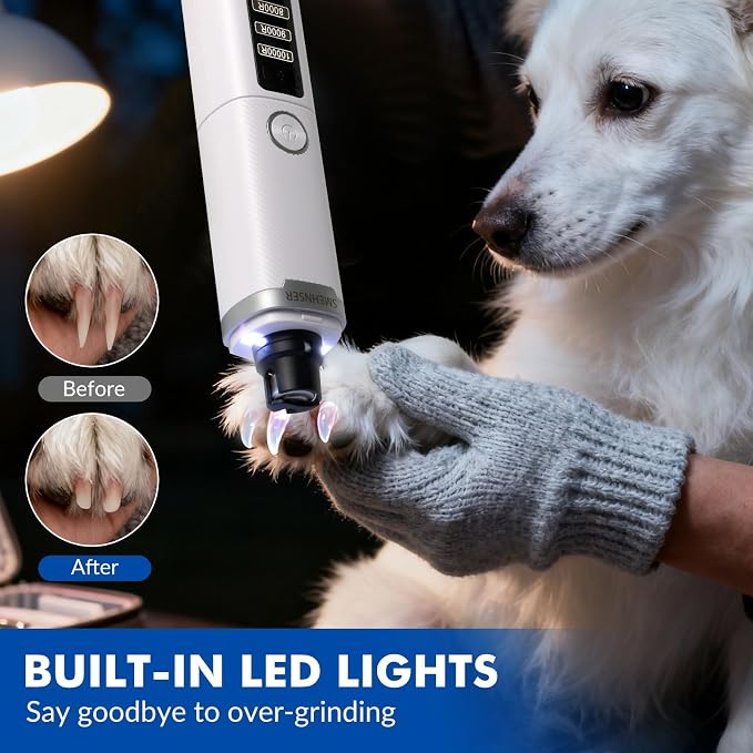 Wortade Silent Groom Pro Nail Grinder, 3-Speed Quiet Electric Dog Nail Grinder, Rechargeable Dog Nail Trimmers with 2 LED Lights for Small Large Dogs, Pet Nail Clippers with 2 Grinding Wheels