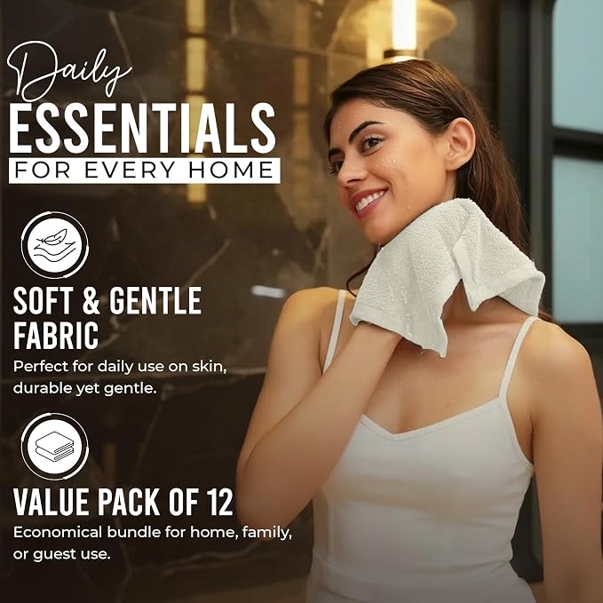 RIVERSIDE 12-Pack Premium 100% Cotton Cannoli Cream Face Towels for Bathroom [12x12] - Reusable Luxury Face Wash Cloths for Showering - 550 GSM Super Soft & Absorbent Washcloths for Body, Spa & Gym