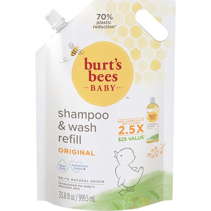 Burt's Bees Baby Shampoo and Baby Wash Refill, Original, Plant-Based Formula, Tear-Free, Pediatrician-Tested, Natural Origin, Gently Cleans Sensitive Skin and Hair, 33.8 Fl Oz