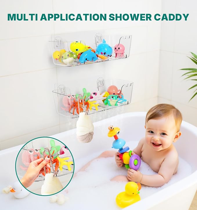 Bath Toy Storage Holder for Bathtub 2 Pack Bath Toy Organizer | Large Capacity, Clear Acrylic Shower Caddy, Waterproof and Rustproof, Multiple Drainage Holes, Suitable for Bathroom