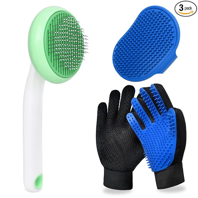 Cat Grooming Glove Brush, Self-Cleaning Slicker Pet Brush for Short and Long Haired Pets, Dog Bath Brush for Shedding and Grooming, Removes Loose Hair and Tangles, Green