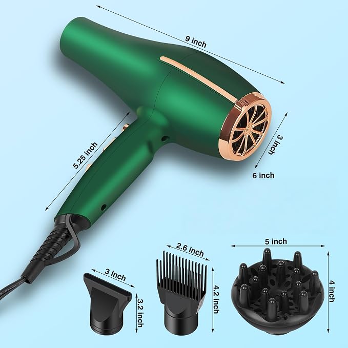 2000 Watt Negative Ionic Hair Dryer, Professional Salon Blow Dryer, Low Noise Fast Drying & Powerful AC Motor and Diffuser Comb for Men Women,3 Heat & 2 Speed Settings, Easy to Use- Green