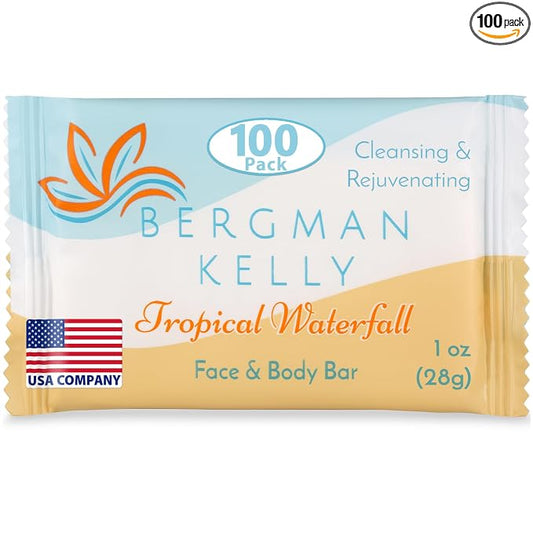 Luxury Travel Size Soap Bulk, Tropical Waterfall, 1 oz, 100 PK | Bergman Kelly Guest Size: Individually wrapped 3" x 1.8" bars. Rich lather, ideal for Airbnbs, travel, and care packages.