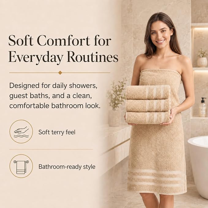 Velqora Bath Towels, 2 Pack, 30x60 in, 100% Cotton, Soft & Absorbent, Beige | Balanced Weight | Everyday Comfort | Easy Care