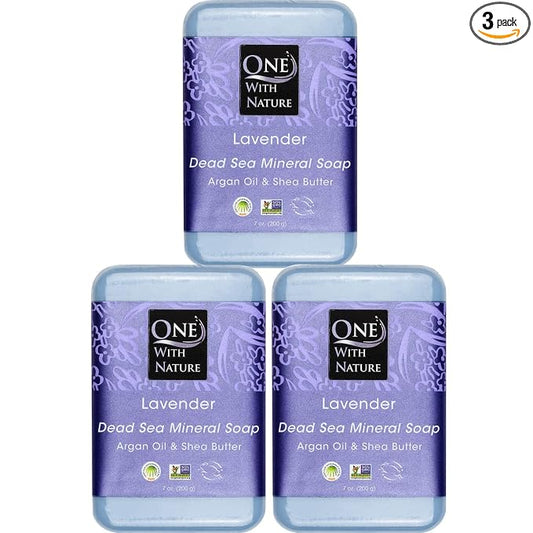 One With Nature Dead Sea Salt Lavender Soap 7oz 3-Pack – Soothing and Exfoliating Soap Bar with Dead Sea Minerals for Face & Body, for Men & Women
