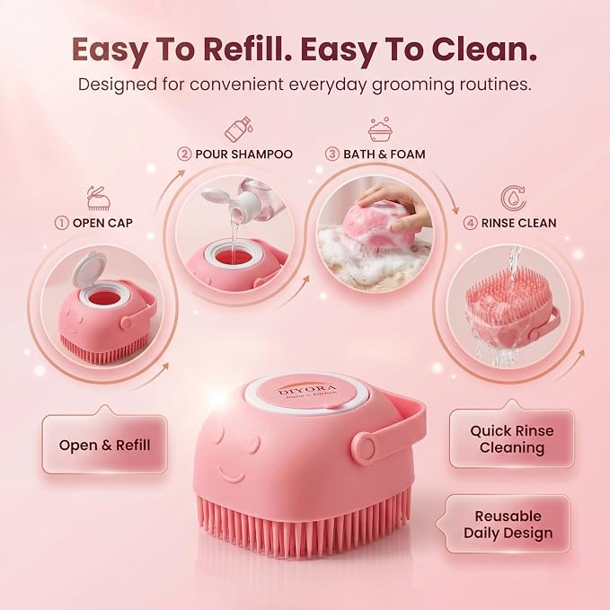 DIYORA Pet Shampoo Brush, 2-in-1 Silicone Bath Brush with Soap Dispenser for Dogs & Cats, Grooming, Massaging, Shedding & Deep Cleaning Tool for Short Hair, Long Hair & Small Pets(Pink)