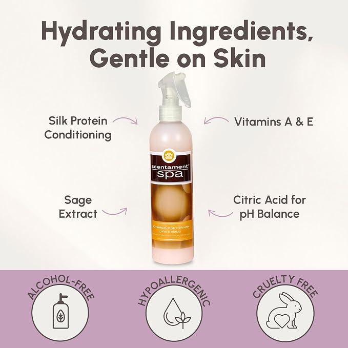 Best Shot Scentament Spa Botanical Body Splash, Body Spray Conditioner for Pets, Cat and Dog Cologne Spray, Alcohol-Free, Ready-to-Use Detangler Spray, Pina Colada, 8 Oz.