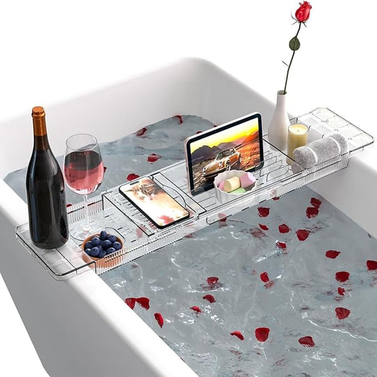 Expandable Bathtub Trays for Tub,Acrylic Bath Shelf Over Tub,with Non-Slip Design iPad Holder for Books Phone，Suitable for Bathtubs with an Internal Width of up to 28 Inch