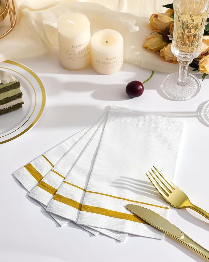 Goodluck 200 Pack 3-Ply Disposable Napkins - Soft & Absorbent Paper Hand Towels for Bathroom Guests, Dinner Party, Kitchen, Christmas, Wedding & Events, Parties - Striped Gold Trim