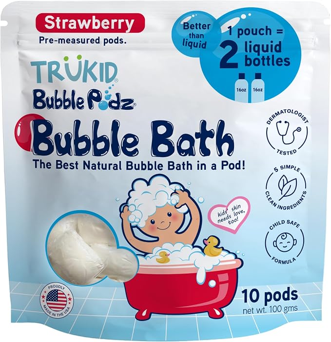 TruKid Bubble Podz Bubble Bath for Kids, Toddlers, & Babies, Tear Free Gentle & Refreshing Bath Bomb for Sensitive Skin with Natural Moisturizers, Non-Toxic, pH Balanced, Strawberry Scent (10 Podz)