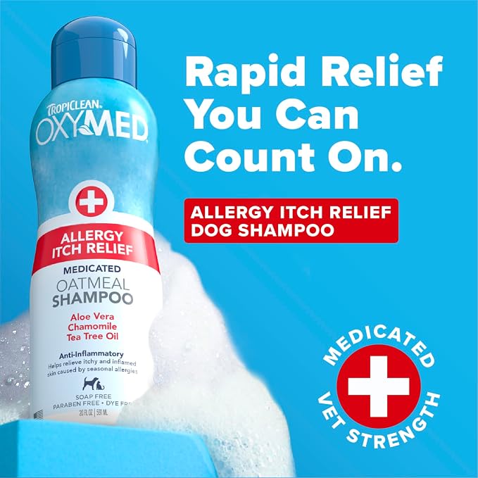 TropiClean OxyMed Dog Shampoo for Allergies and Itching, Gentle Moisturizing Oatmeal & Aloe Shampoo for Seasonal Allergies & Skin Irritants, 20oz